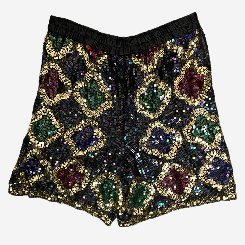 Vintage NWT Deadstock SNF Silk Medallion sequin shorts Mardi Gras festival L